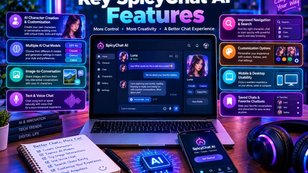 Key SpicyChat AI features illustrated with an AI chat interface, character creation and customization, multiple chat models, image-to-conversation, text and voice chat, search tools, personalization options, mobile and desktop access, and saved chats