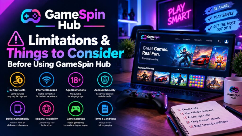 GameSpin Hub limitations and considerations including costs, internet requirements, age restrictions, account security, device compatibility, regional availability, game selection, and terms and conditions