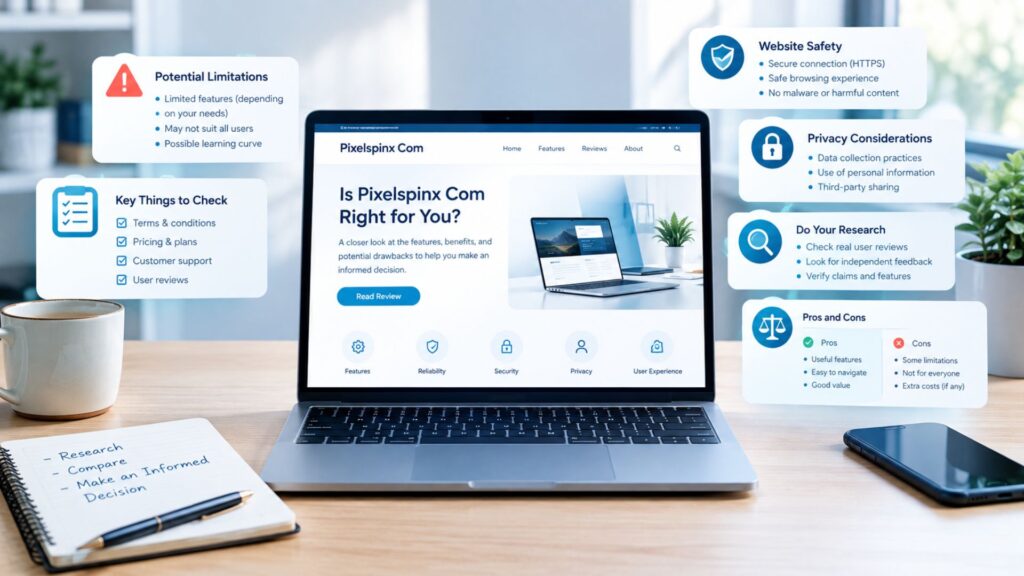 Limitations and things to consider before using Pixelspinx Com, including website safety, privacy, reliability, and potential drawbacks.