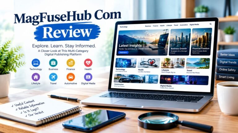 MagFuseHub Com review showing a modern digital publishing website interface with technology, business, finance, health, and lifestyle content on a laptop.