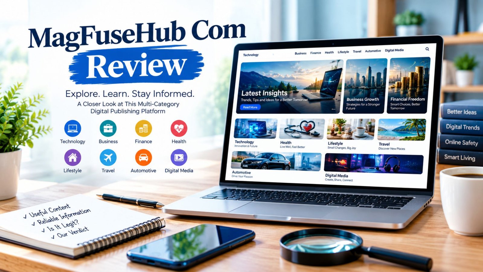 MagFuseHub Com review showing a modern digital publishing website interface with technology, business, finance, health, and lifestyle content on a laptop.
