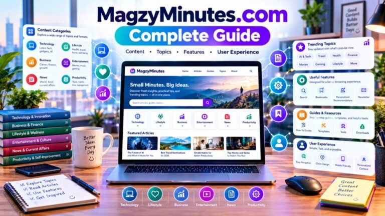 MagzyMinutes com complete guide showing its content, topics, features, digital resources, and user experience through a modern website interface.