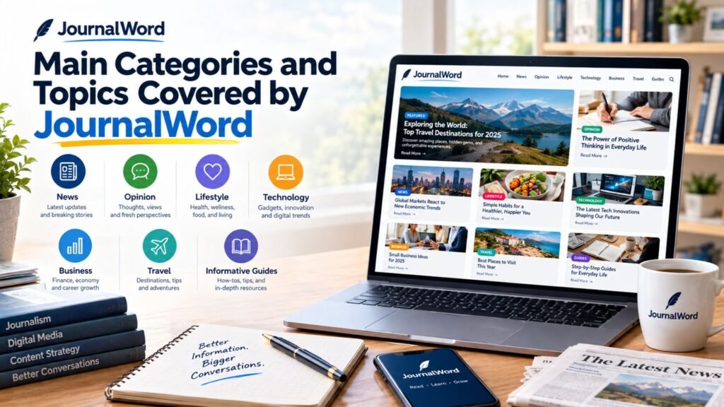 JournalWord publishing platform showing main categories including news, opinion, lifestyle, technology, business, travel, and informative guides