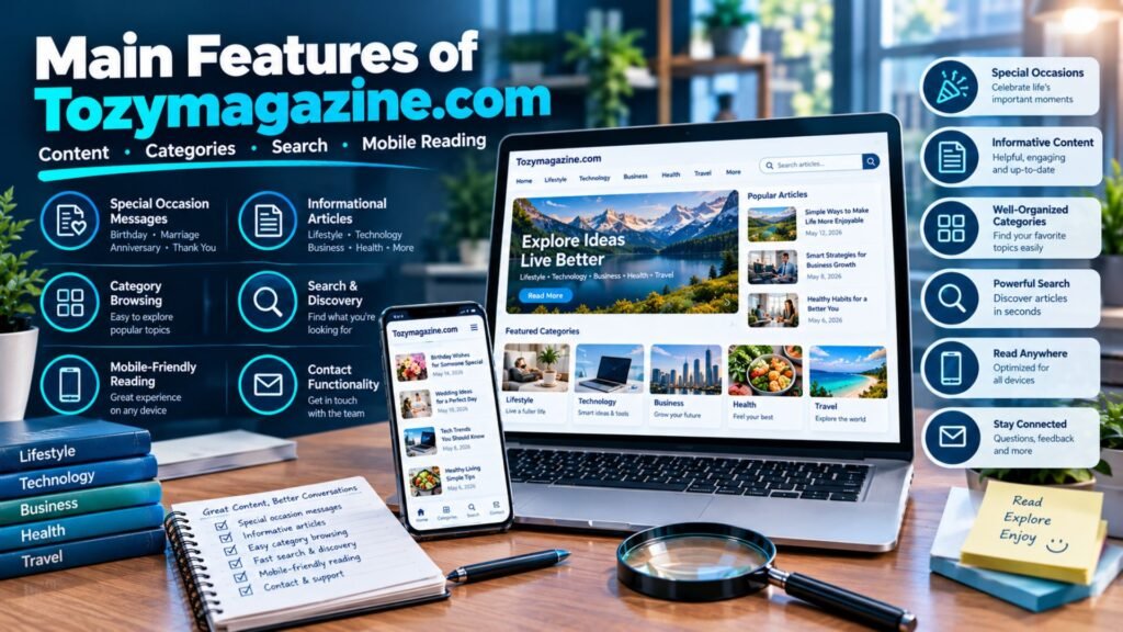 Tozymagazine.com main features shown through a generic online magazine interface with categories, search, articles, and mobile reading