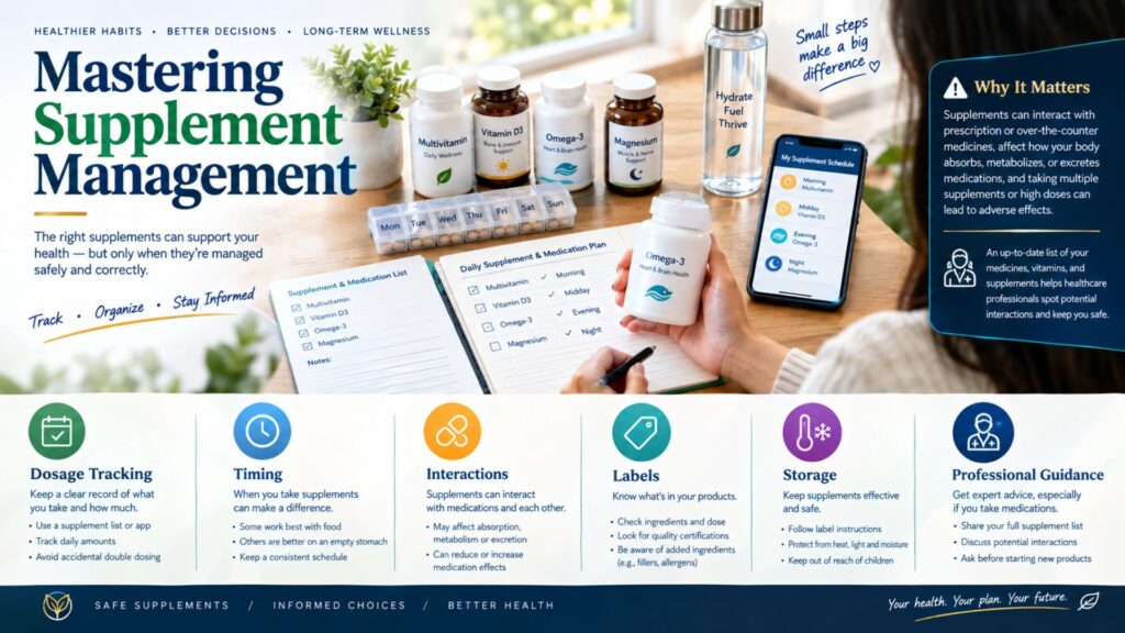 Organized supplement management setup with vitamins, labeled containers, a daily schedule, medication list, and health tracking tools