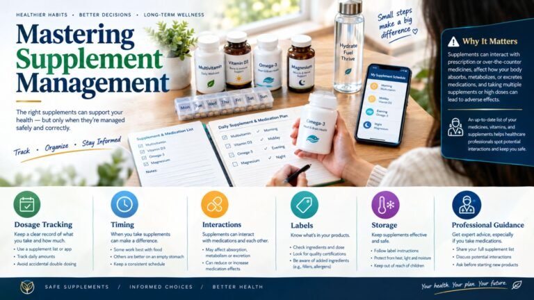 Organized supplement management setup with vitamins, labeled containers, a daily schedule, medication list, and health tracking tools