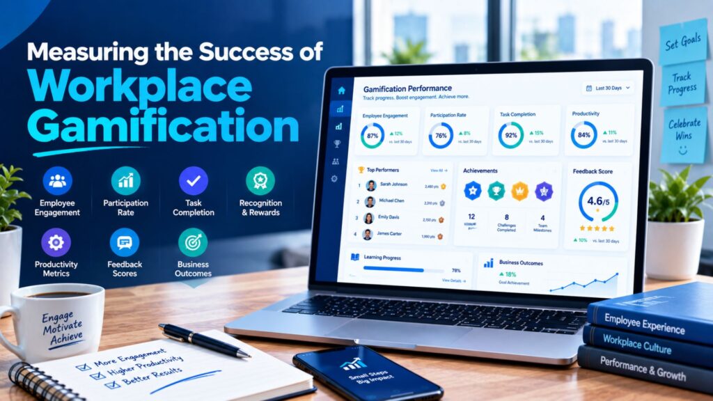 Workplace gamification dashboard showing employee engagement, task completion, progress, recognition, and performance metrics.