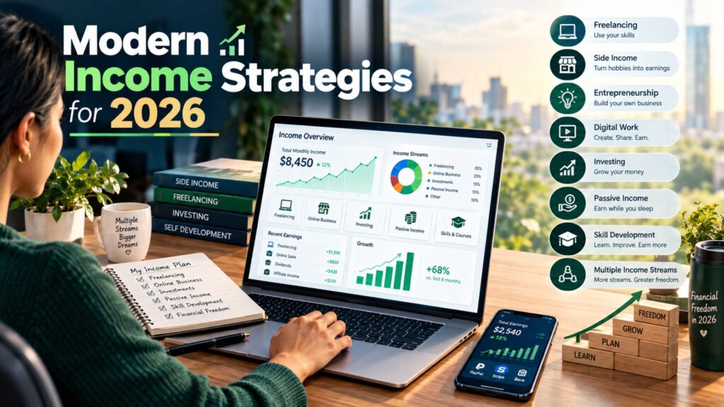 Modern income strategies for 2026 featuring multiple income streams, freelancing, investing, entrepreneurship, and financial growth