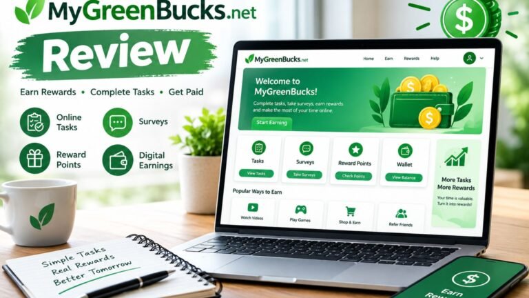 MyGreenBucks net Review showing an online rewards platform dashboard with green earnings, reward points, surveys, and digital money icons.