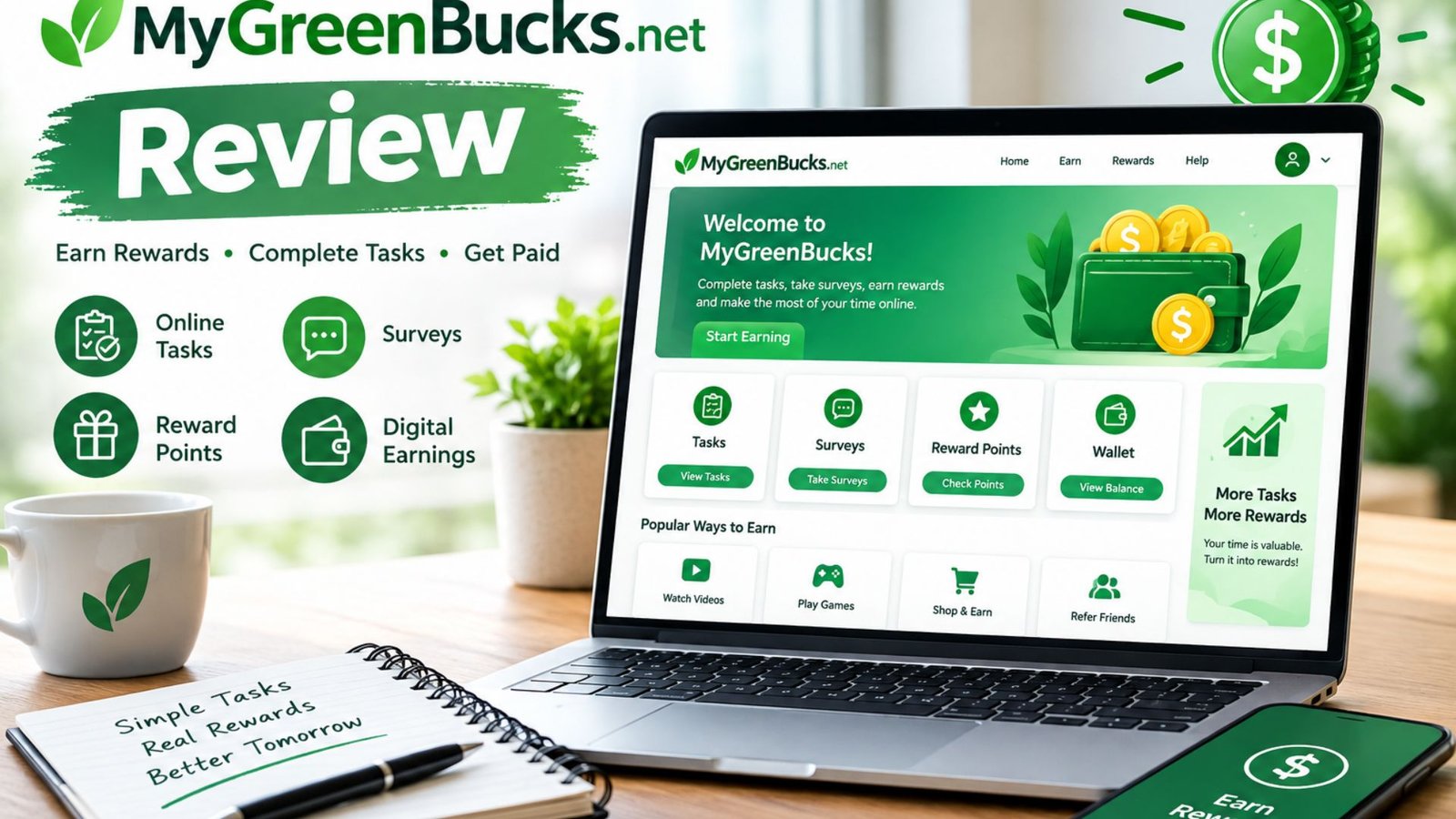 MyGreenBucks net Review showing an online rewards platform dashboard with green earnings, reward points, surveys, and digital money icons.