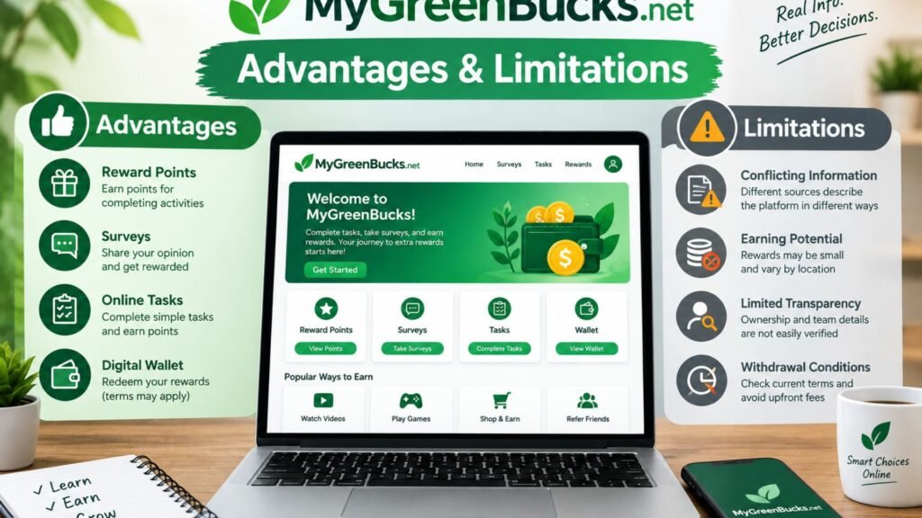 MyGreenBucks.net advantages and limitations illustrated with an online rewards dashboard, earning tasks, reward points, wallet icons, verification symbols, and withdrawal considerations.