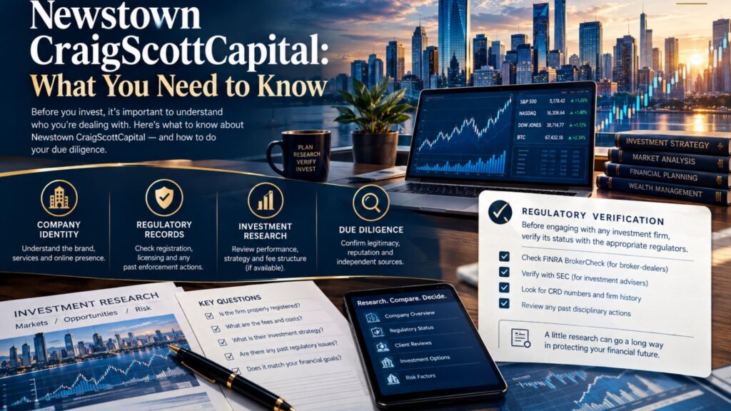 Financial research graphic about Newstown CraigScottCapital featuring market charts, investment documents, regulatory verification, and a modern city skyline