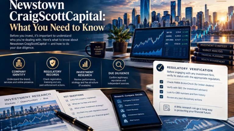 Financial research graphic about Newstown CraigScottCapital featuring market charts, investment documents, regulatory verification, and a modern city skyline