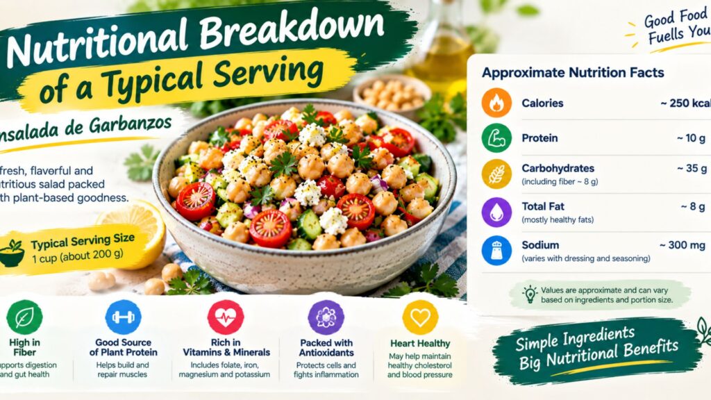 Nutritional breakdown of a typical serving of Ensalada de Garbanzos, showing chickpeas, fresh vegetables, herbs, and key nutrients such as protein, fiber, vitamins, and minerals