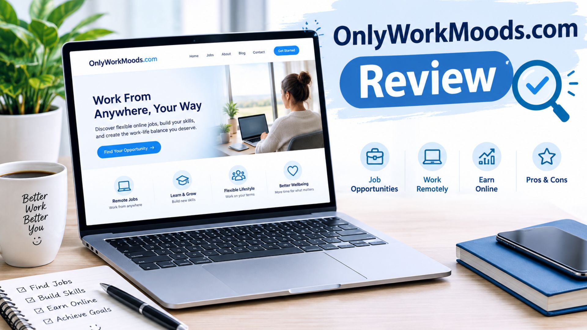 OnlyWorkMoods.com review showing a modern work-from-home website on a laptop screen