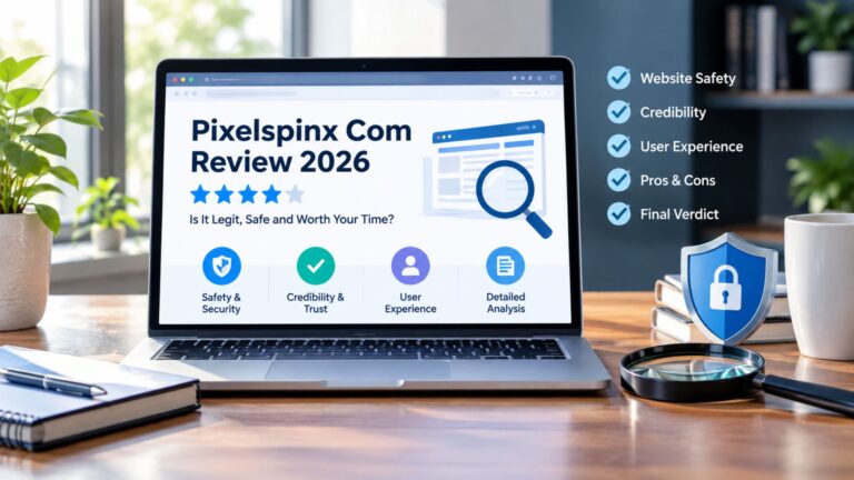 Pixelspinx Com Review 2026 showing a website safety, credibility, and user experience analysis on a laptop screen.