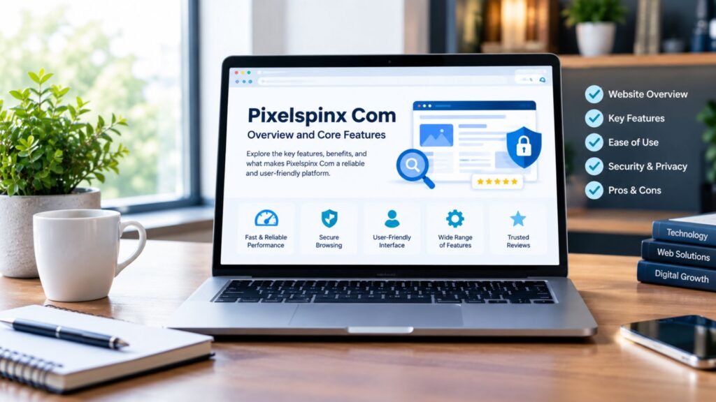 Pixelspinx Com overview showing its core features, website interface, usability, security, and key functions on a modern laptop.