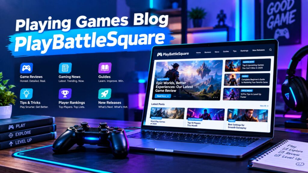 Gaming laptop displaying a PlayBattleSquare-style gaming blog with game reviews, news, guides, and gaming content
