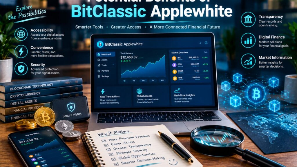 Potential benefits of BitClassic Applewhite illustrated with digital finance technology, blockchain visuals, a crypto wallet, market charts, and security elements.