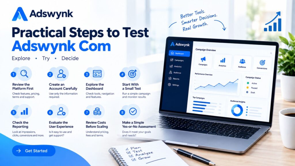 Practical steps to test Adswynk Com with a digital advertising dashboard, campaign analytics, reporting, costs, and performance evaluation