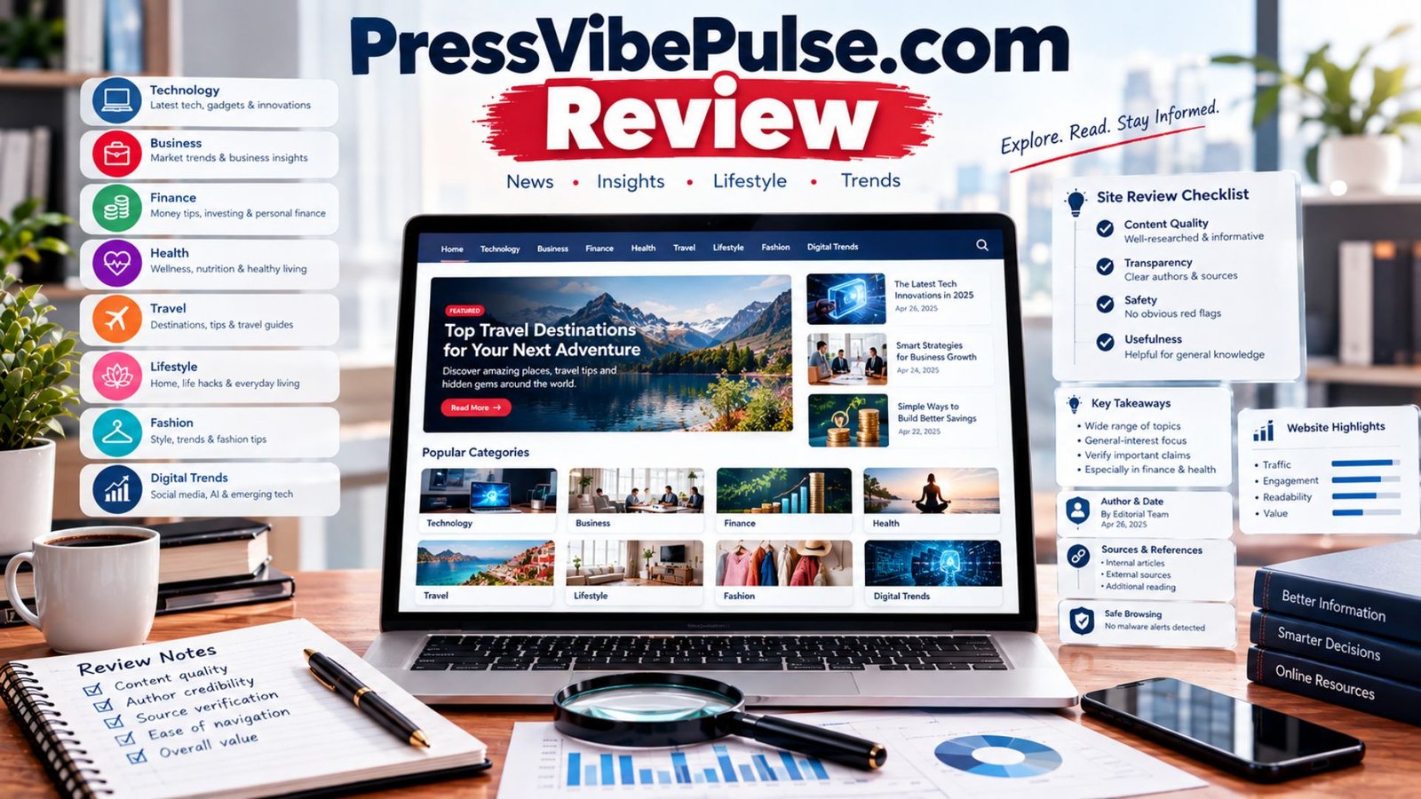 PressVibePulse.com review showing a generic digital publishing website, content categories, source checks, author information, safety indicators, and credibility checklist.