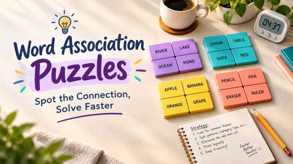 Colorful word association puzzle tiles, notebook, and pencil representing proven strategies for solving Connections puzzles faster.