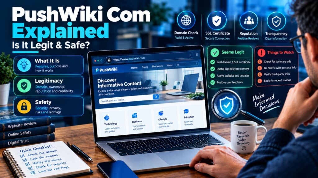 PushWiki Com explained through a website review scene showing legitimacy, safety, credibility, and online security indicators on a laptop.