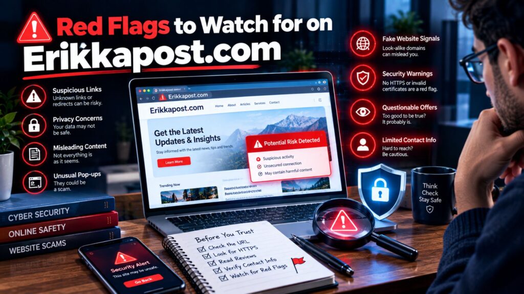 Red flags to watch for on Erikkapost.com, showing website safety warnings, suspicious links, privacy concerns, pop-ups, and security alerts