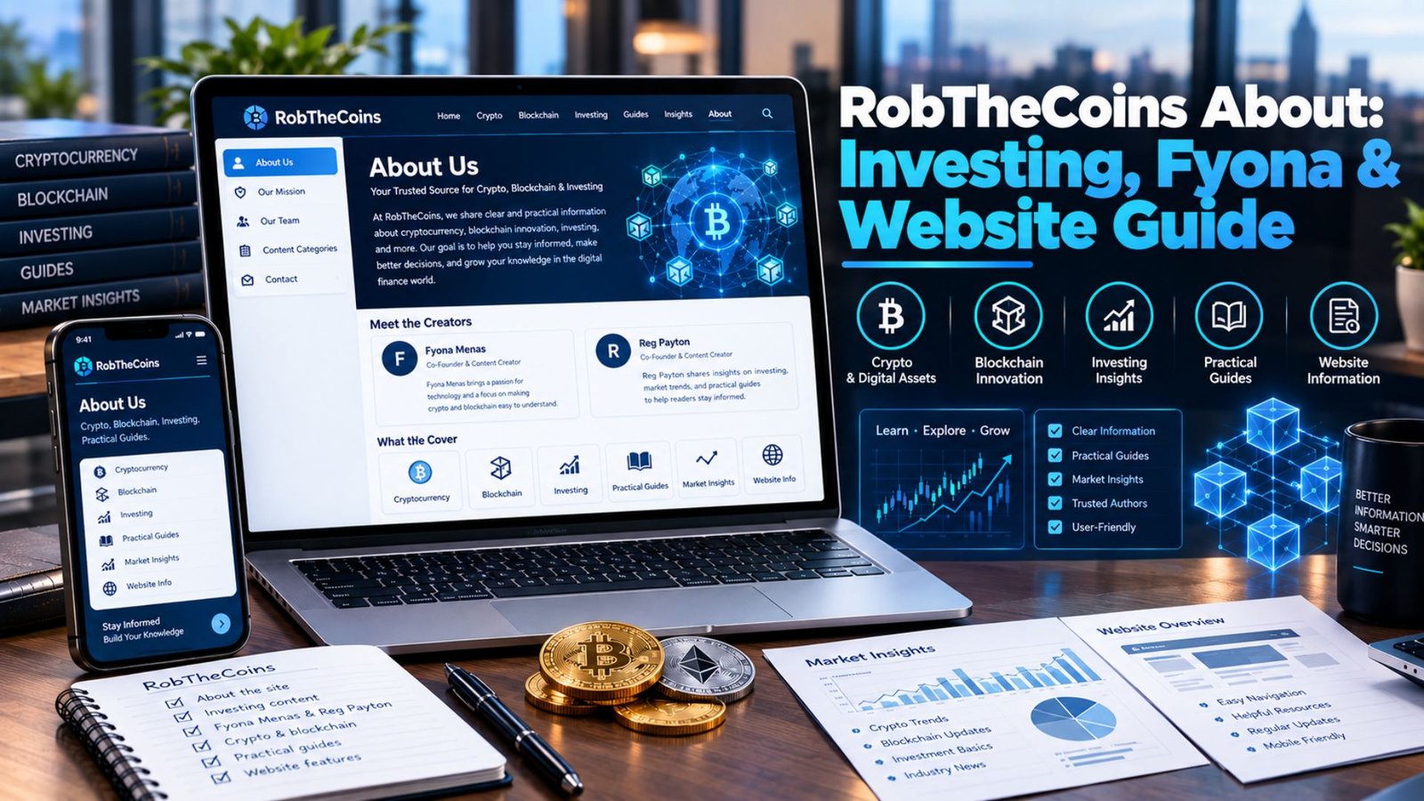 RobTheCoins About page and website guide showing cryptocurrency investing topics, Fyona Menas and Reg Payton author information, blockchain graphics, market charts, and website content categories.