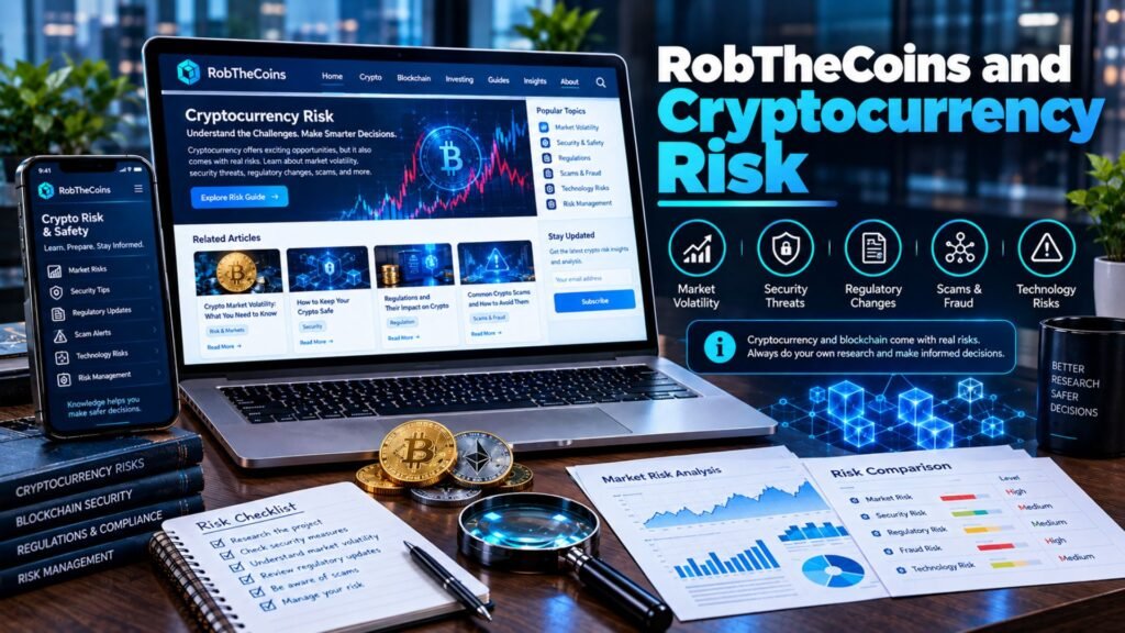 RobTheCoins cryptocurrency risk guide showing market volatility, security threats, regulatory changes, scams, technology risks, crypto charts, blockchain graphics, and a risk-analysis checklist.