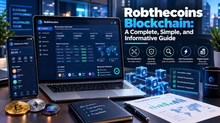Robthecoins blockchain guide showing interconnected blockchain blocks, digital ledger records, crypto wallet activity, network nodes, transaction charts, and blockchain security concepts.