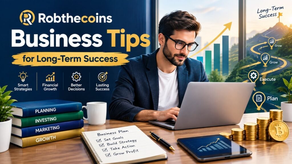 Robthecoins business tips for long-term success featuring an entrepreneur, financial growth chart, and business strategy workspace.