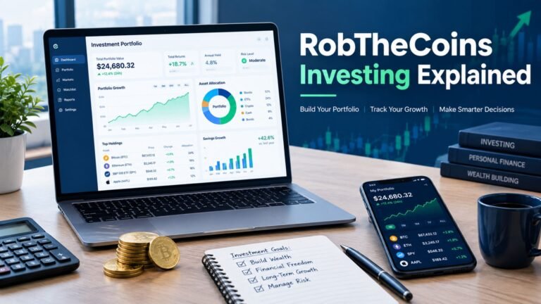 RobTheCoins Investing Explained with a laptop showing a generic investment dashboard, portfolio charts, market trends, and financial planning tools.