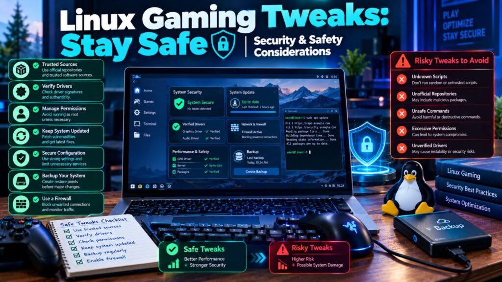 “Linux gaming security guide showing safe system tweaks, trusted software, permissions, updates, backups, and warnings against risky commands.”