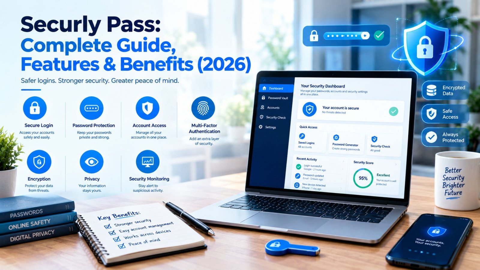 Generic password security dashboard showing secure login, password protection, authentication, encryption, privacy, and account security features.