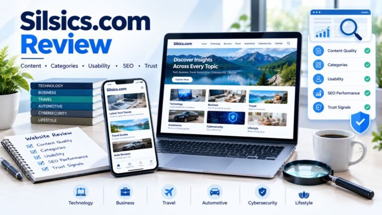 Silsics com review shown on a laptop with a multi-topic website, content categories, SEO analysis, usability checks, and credibility review elements.