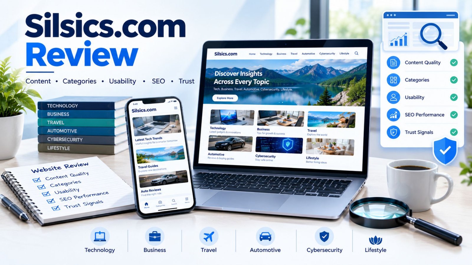 Silsics com review shown on a laptop with a multi-topic website, content categories, SEO analysis, usability checks, and credibility review elements.
