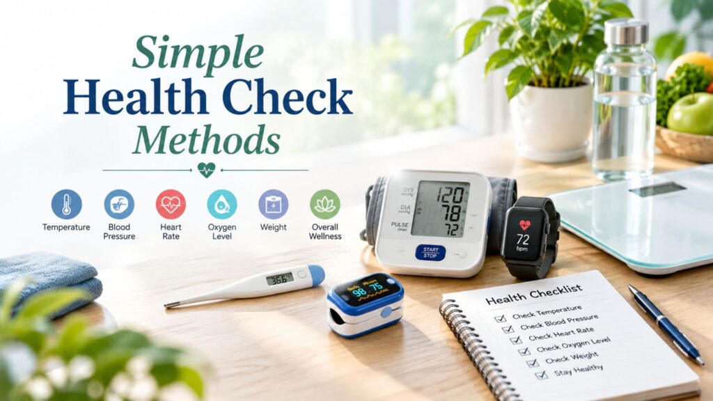 Simple Health Check Methods with a thermometer, blood pressure monitor, pulse oximeter, smartwatch, weighing scale, and health checklist on a clean table.