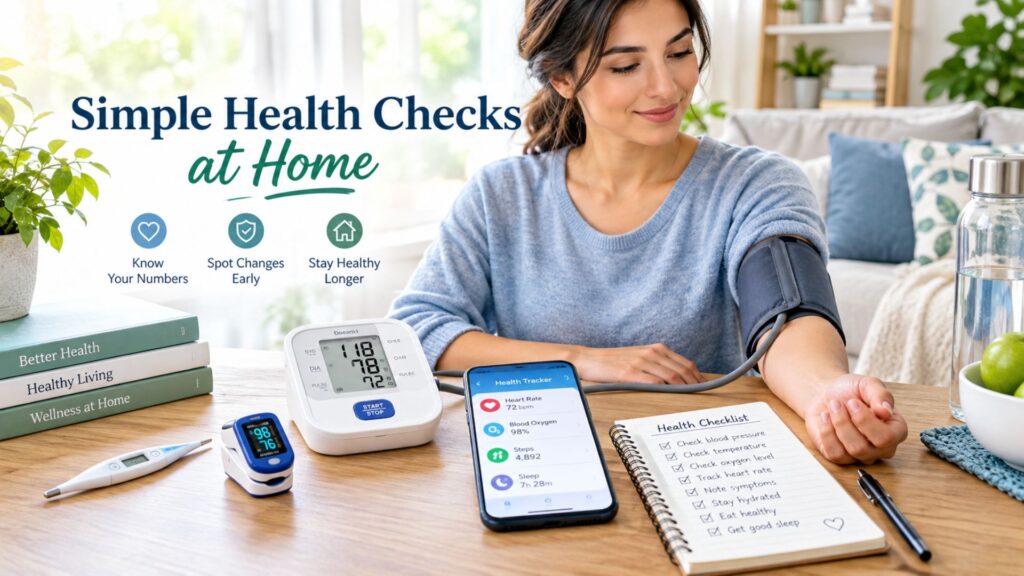 Simple health checks you can do at home using a blood pressure monitor, thermometer, pulse oximeter, and health tracking checklist