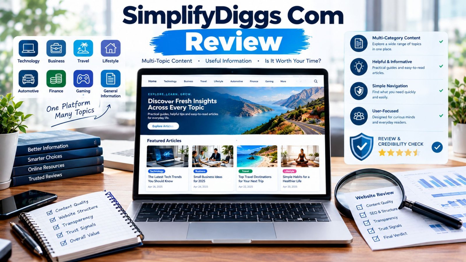 SimplifyDiggs Com review showing a generic multi-category website, content articles, magnifying glass, checklist, and credibility assessment elements.