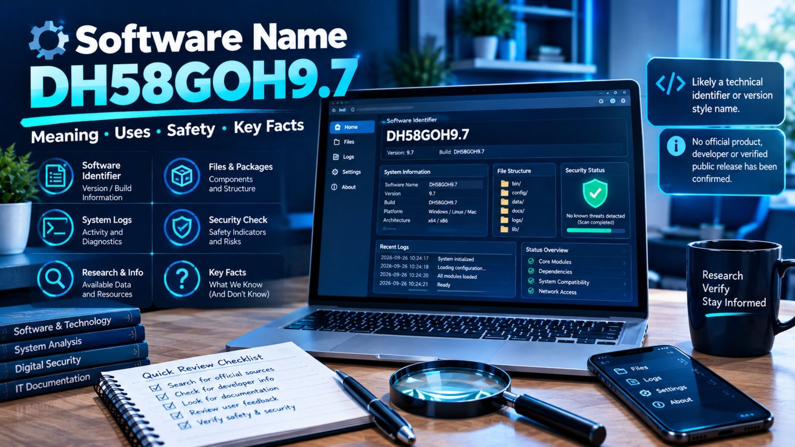 DH58GOH9.7 software identifier shown on a generic system interface with version, diagnostic, and security elements