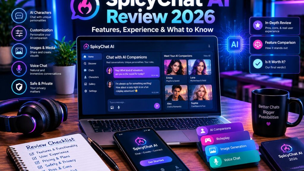 SpicyChat AI Review 2026 featuring an AI chat interface on a laptop, personalized AI characters, voice and image features, customization tools, privacy elements, and review highlights in a futuristic blue and purple workspace