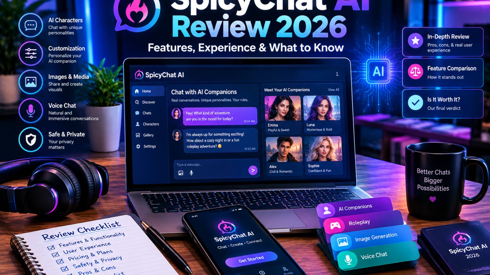 SpicyChat AI Review 2026 featuring an AI chat interface on a laptop, personalized AI characters, voice and image features, customization tools, privacy elements, and review highlights in a futuristic blue and purple workspace