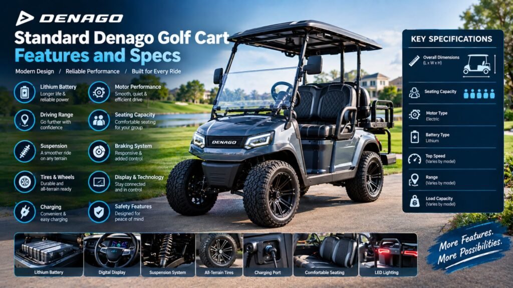 “Standard Denago golf cart features and specs shown with an electric golf cart and visual callouts for battery, performance, range, comfort, technology, and safety.”
