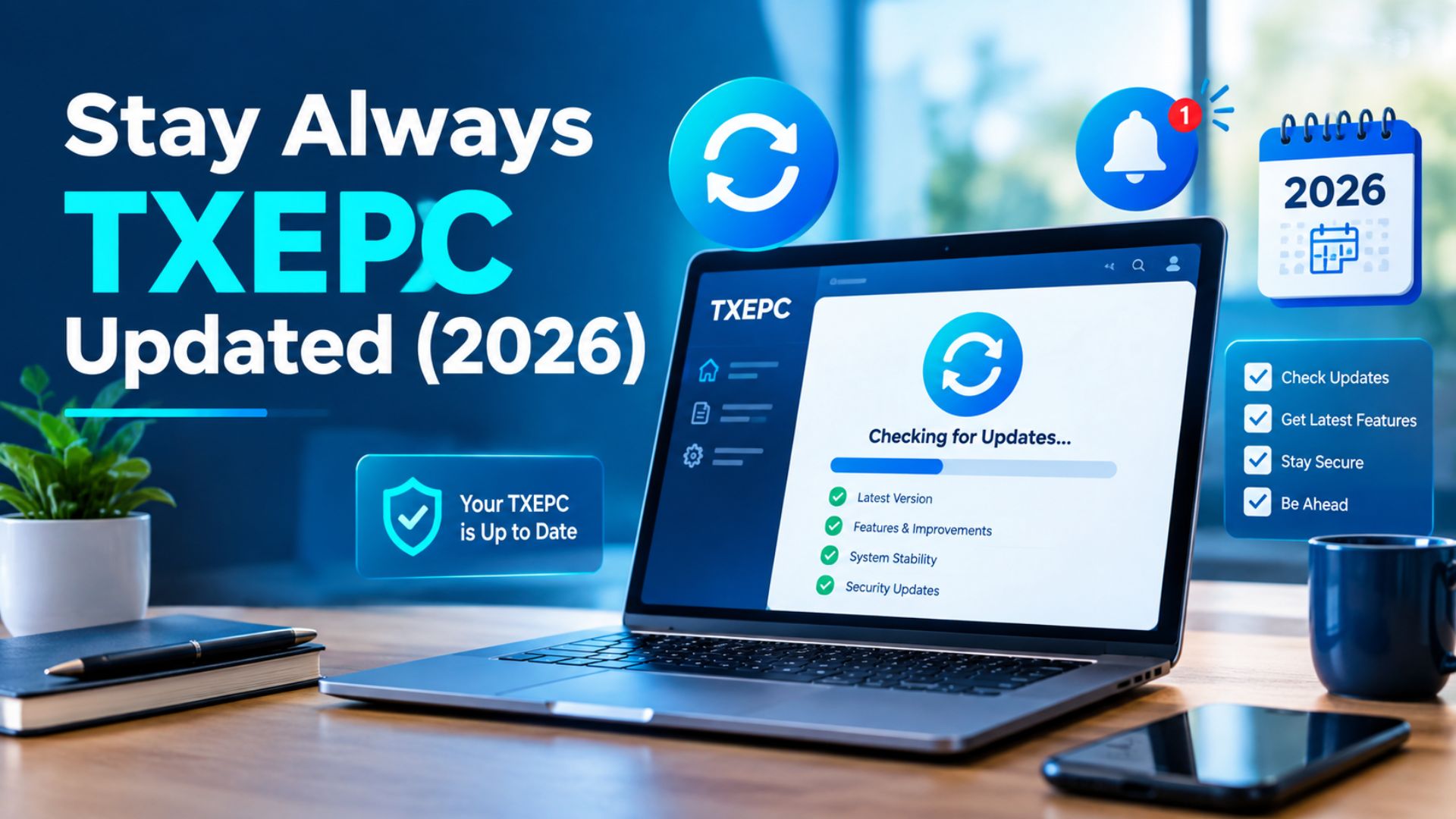 TXEPC updated 2026 information displayed on a laptop with refresh and notification icons
