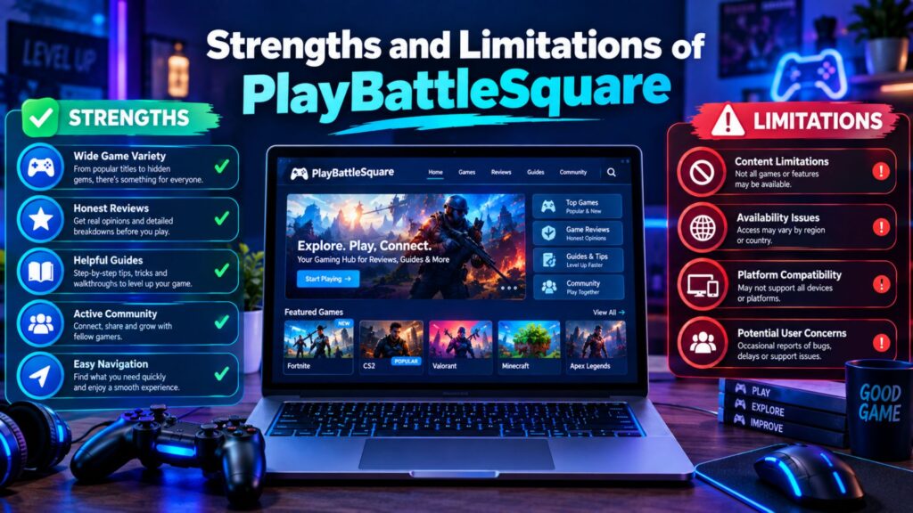 PlayBattleSquare-style gaming interface shown on a laptop with visual comparisons of platform strengths, features, and limitations