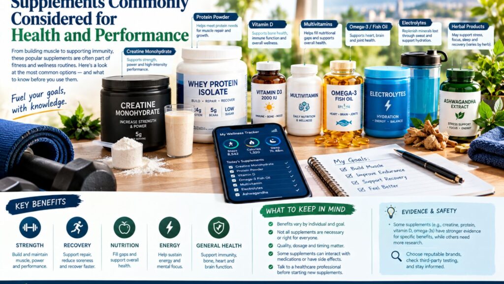 Health and fitness graphic featuring creatine, protein powder, vitamins, omega-3 supplements, electrolytes, herbal products, and a digital fitness tracking dashboard