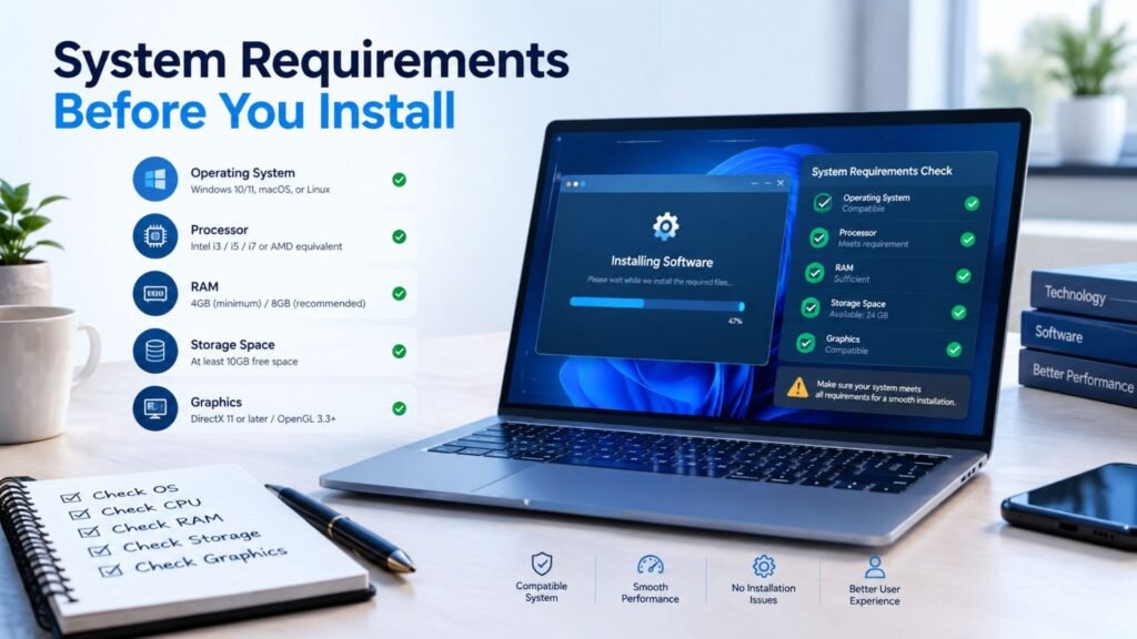 System requirements checklist showing operating system, processor, RAM, storage, and graphics compatibility before software installation.
