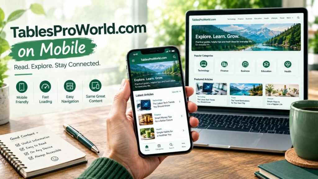 TablesProWorld.com displayed on a smartphone with a responsive mobile layout, easy navigation, article categories, and readable content.