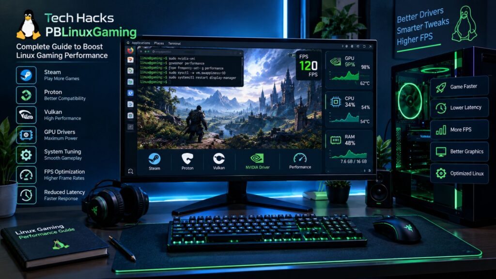 PBLinuxGaming guide showing Linux gaming performance optimization, FPS tuning, Proton, drivers, and system tweaks.